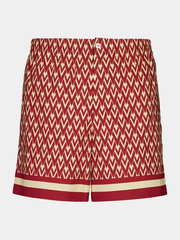 Red and Cream Cotton Bermuda Shorts with Toute la V Print made by Valentino Garavani