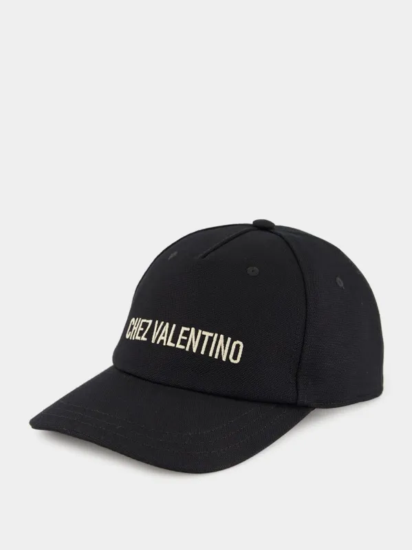 Black Cap with Chez Valentino Ivory Logo sold by Fashion Clinic