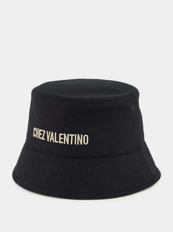 Black Bucket Hat with Chez Valentino Ivory Logo sold by Fashion Clinic