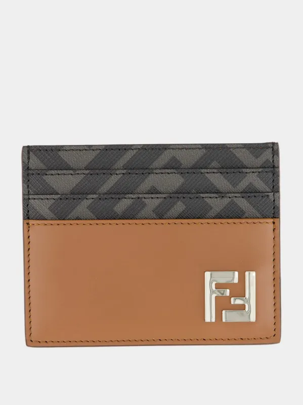 Brown Leather Card Holder with FF Canvas & FF Squared sold by Fashion Clinic