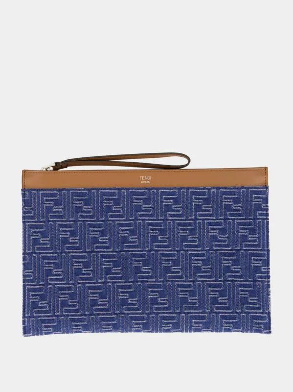 Blue FF Jacquard & Leather Flat Pouch sold by Fashion Clinic