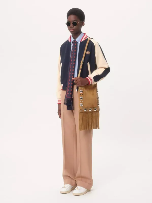 Blue and Butter Wool Bomber with VLogo Patch sold by Fashion Clinic