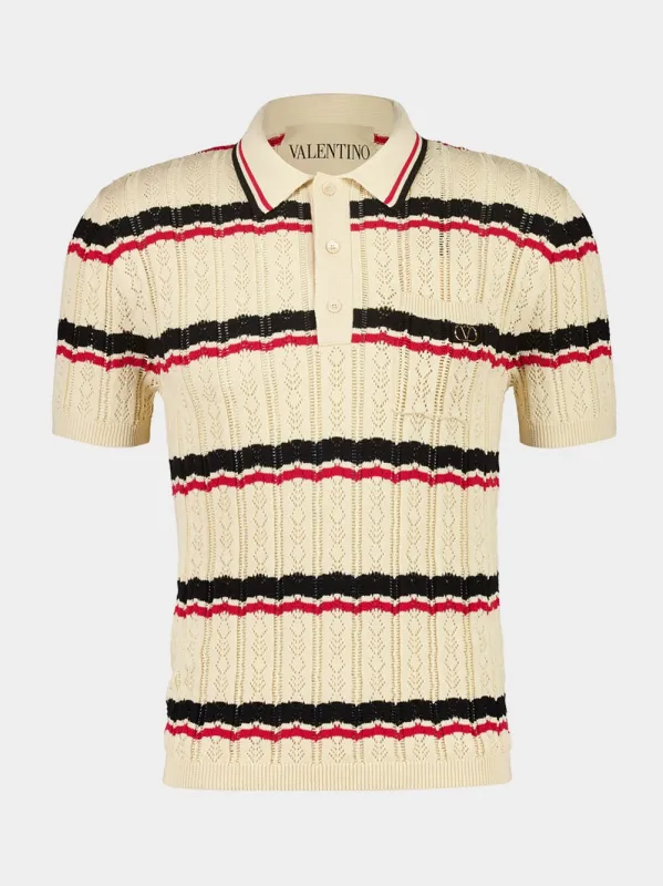 Ivory Striped Cotton Polo with Vlogo made by Fashion Clinic