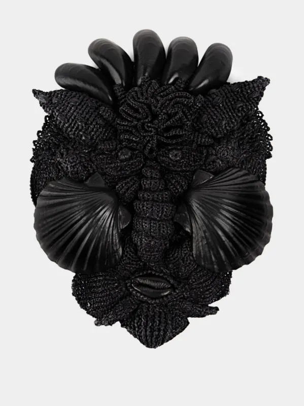 Black Raffia Decorative Mask with Shells made by Natalia Brilli