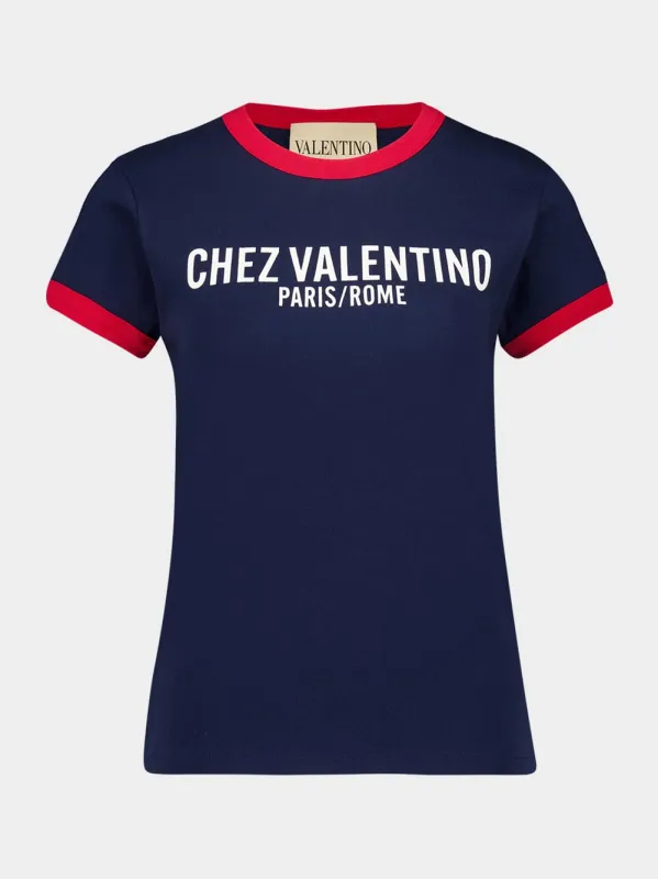 Chez Valentino Indigo Logo T-Shirt sold by Fashion Clinic