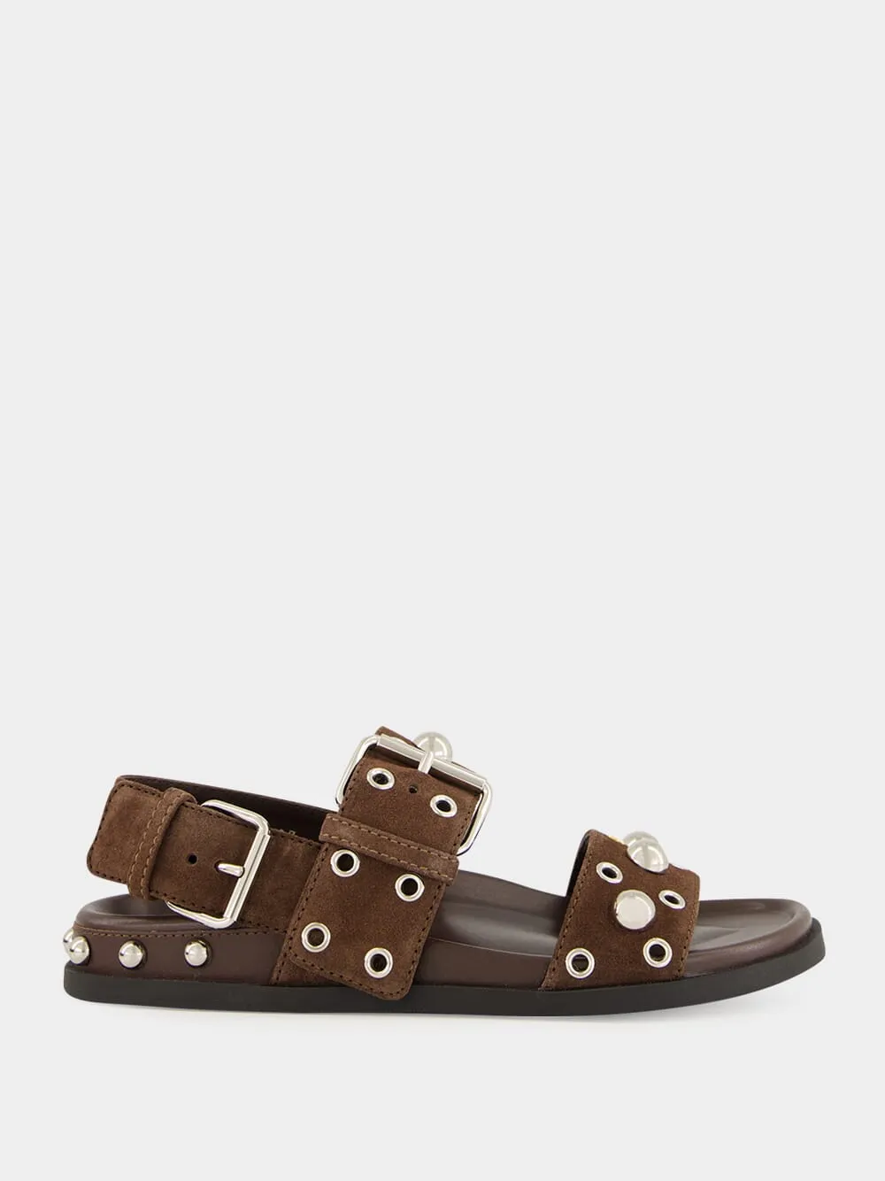 Brown Nellcôte Flat Suede Sandals with Studs sold by Fashion Clinic