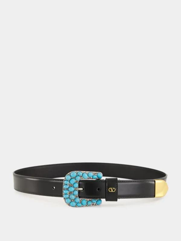 Black VLogo Belt with Turquoise Gem Buckle made by Valentino Garavani
