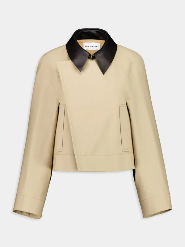 Beige Cropped Peacoat with Leather Collar sold by Fashion Clinic