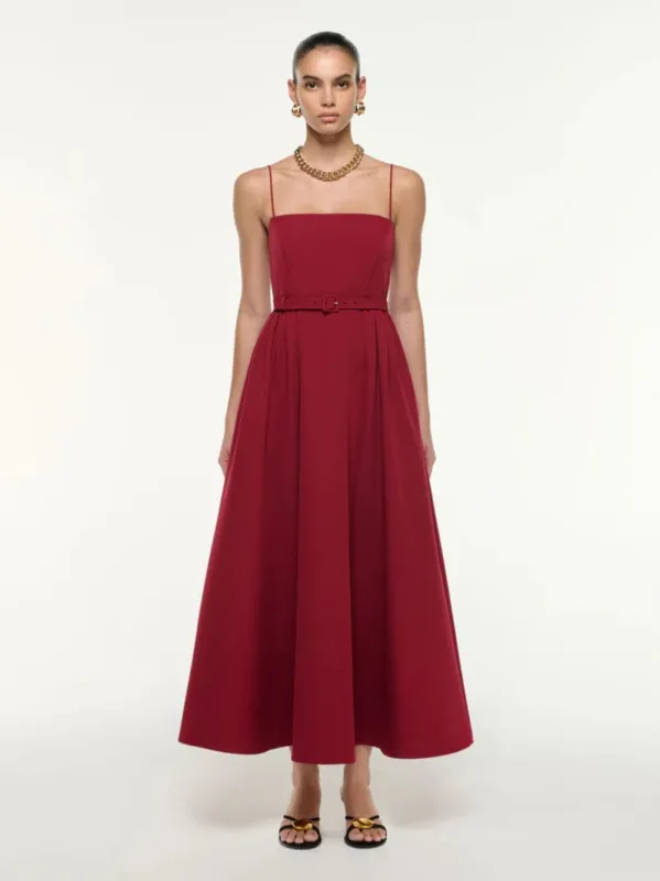Dark Red Crepe Belted Maxi Dress sold by Fashion Clinic