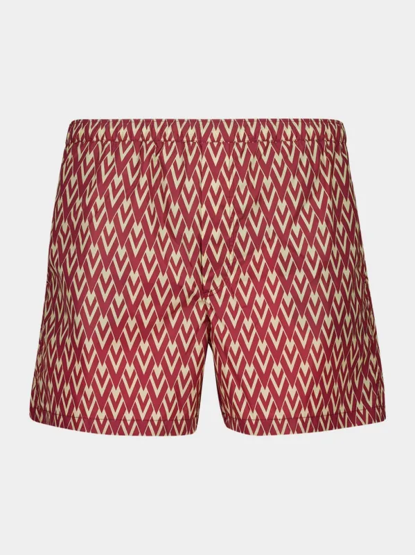 Red and CreamToute la V Print Swim Shorts sold by Fashion Clinic