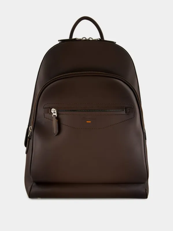 Dark Brown Leather Backpack with Double Pockets made by Santoni