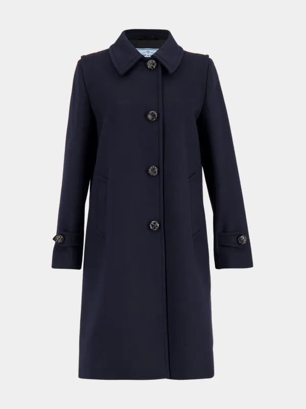 Blue Virgin Wool Coat with Leather Buttons sold by Fashion Clinic