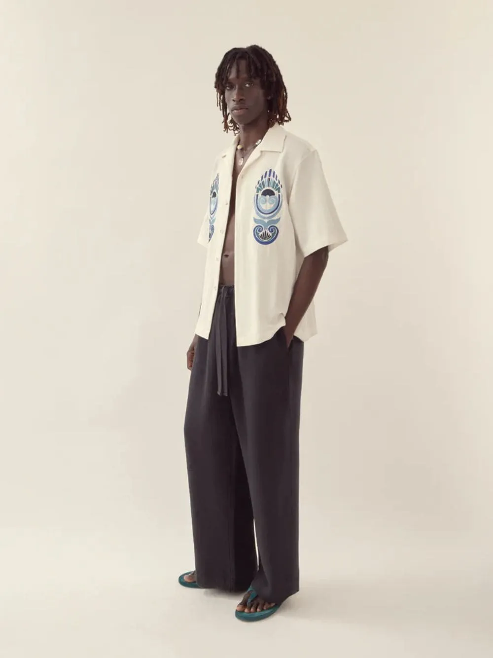 White Shell Embroidered Camp Collar Shirt sold by Fashion Clinic