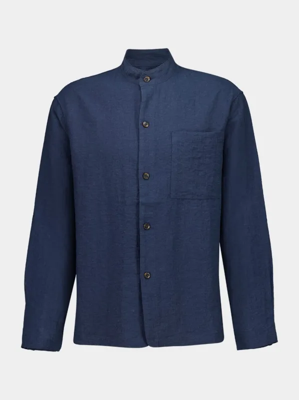 Navy Stand Collar Hemp Viscose Shirt sold by Fashion Clinic
