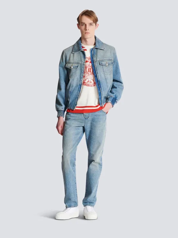 Blue Cropped Lined Denim Jacket made by Balmain