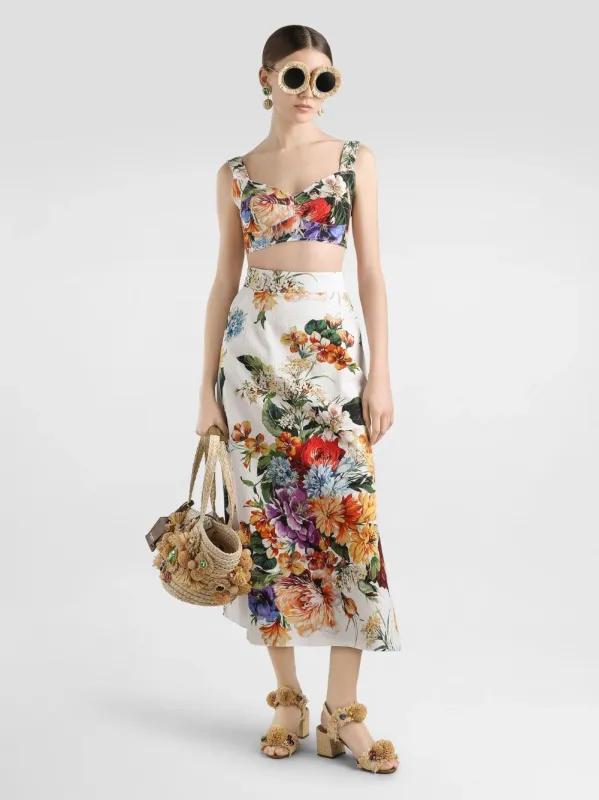 Flower Bouquet-Print Midi Skirt sold by Fashion Clinic
