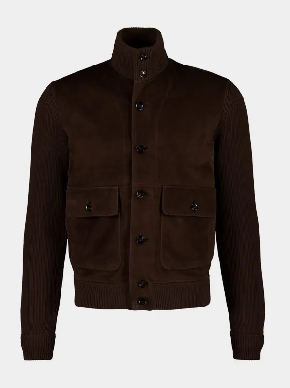 Deep Brown Suede Jacket with Merino Sleeves sold by Fashion Clinic