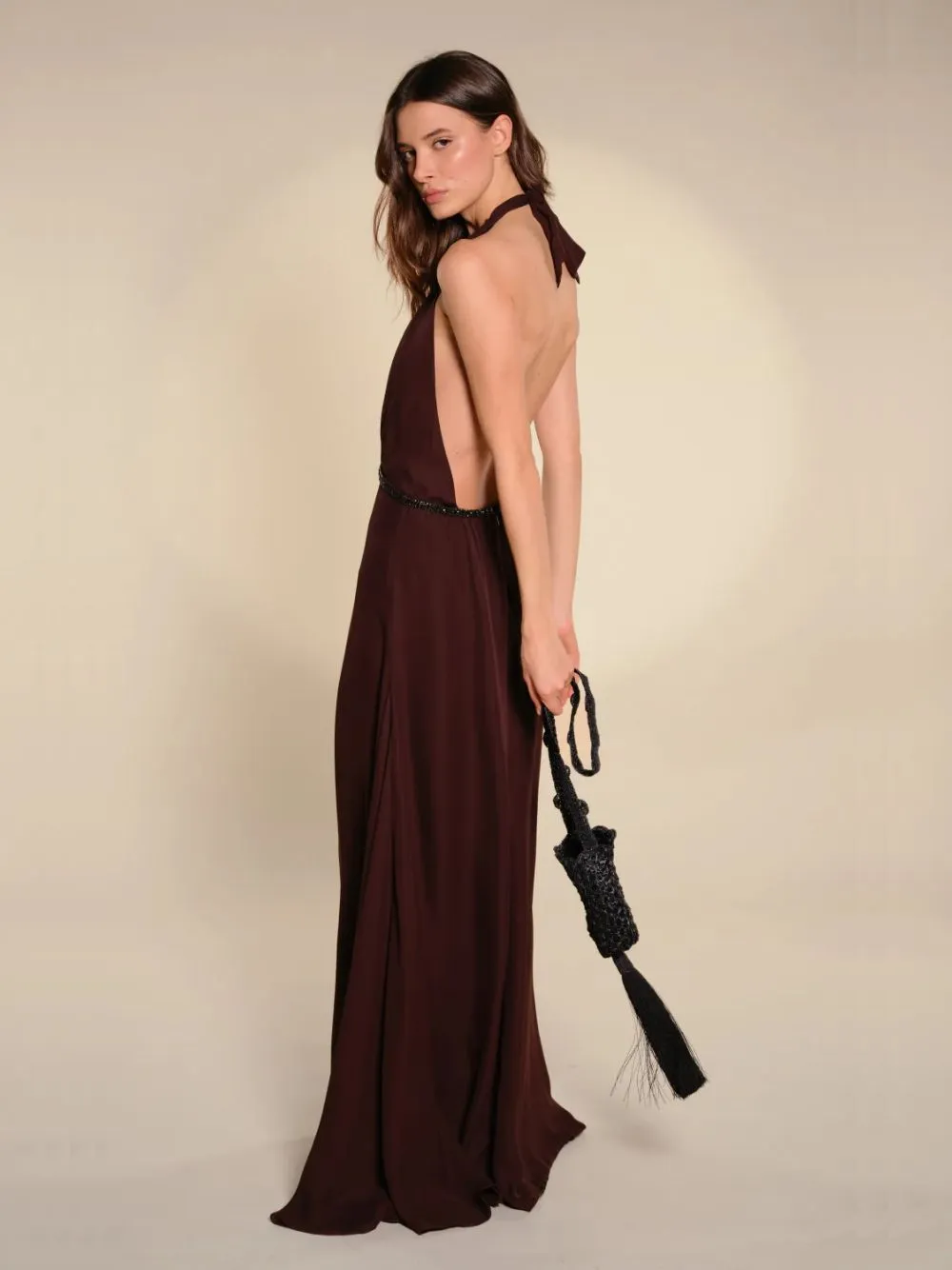 Chocolate Brown New Destiny Silk Maxi Dress sold by Fashion Clinic