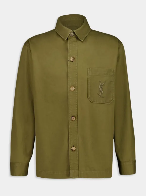 Cassandre Overshirt in Vintage Kaki Cotton-Linen Gabardine sold by Fashion Clinic