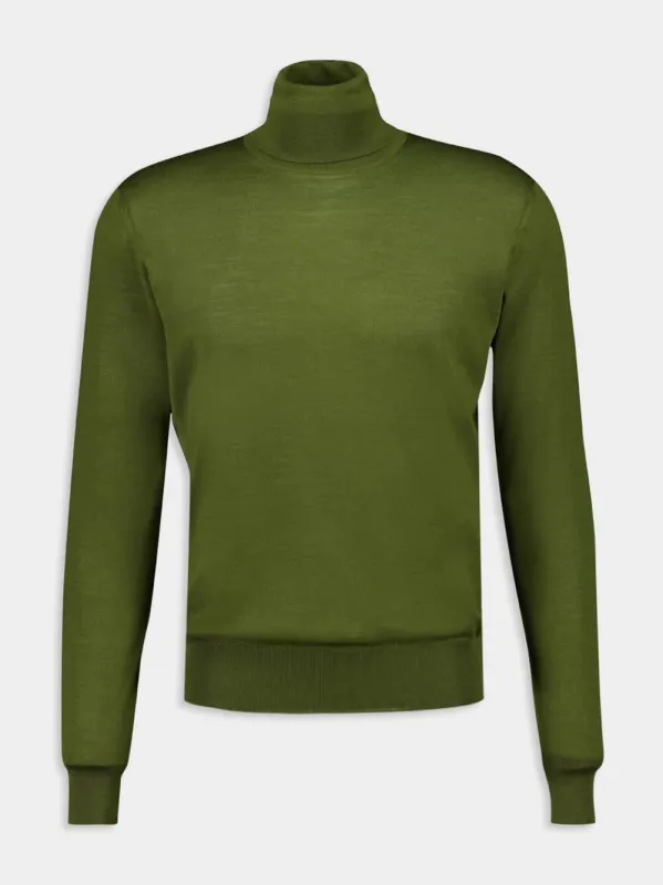 Turtleneck Sweater in Olive Green Cashmere Wool and Silk sold by Fashion Clinic