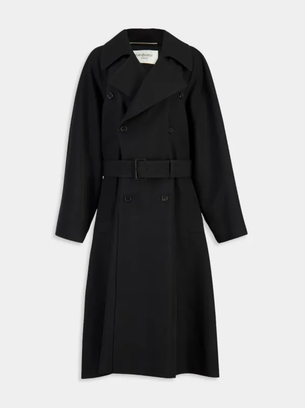 Black Grain de Poudre Wool Long Coat sold by Fashion Clinic