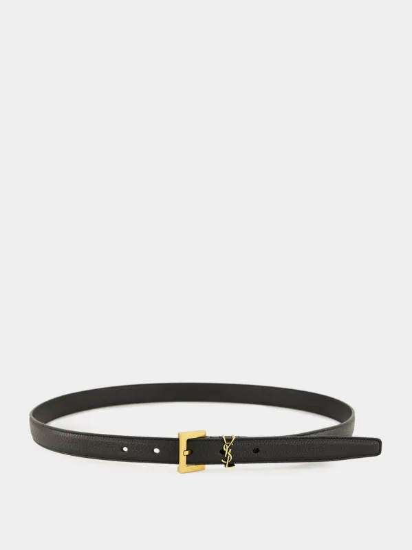 Cassandre Thin Belt with Square Buckle in Black Grained Leather sold by Fashion Clinic