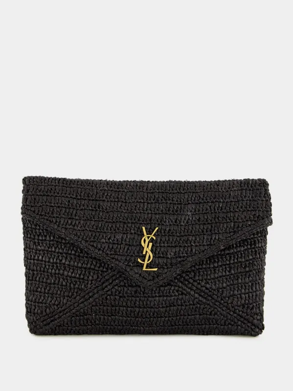 Black Cassandre Large Envelope Pouch in Raffia sold by Fashion Clinic