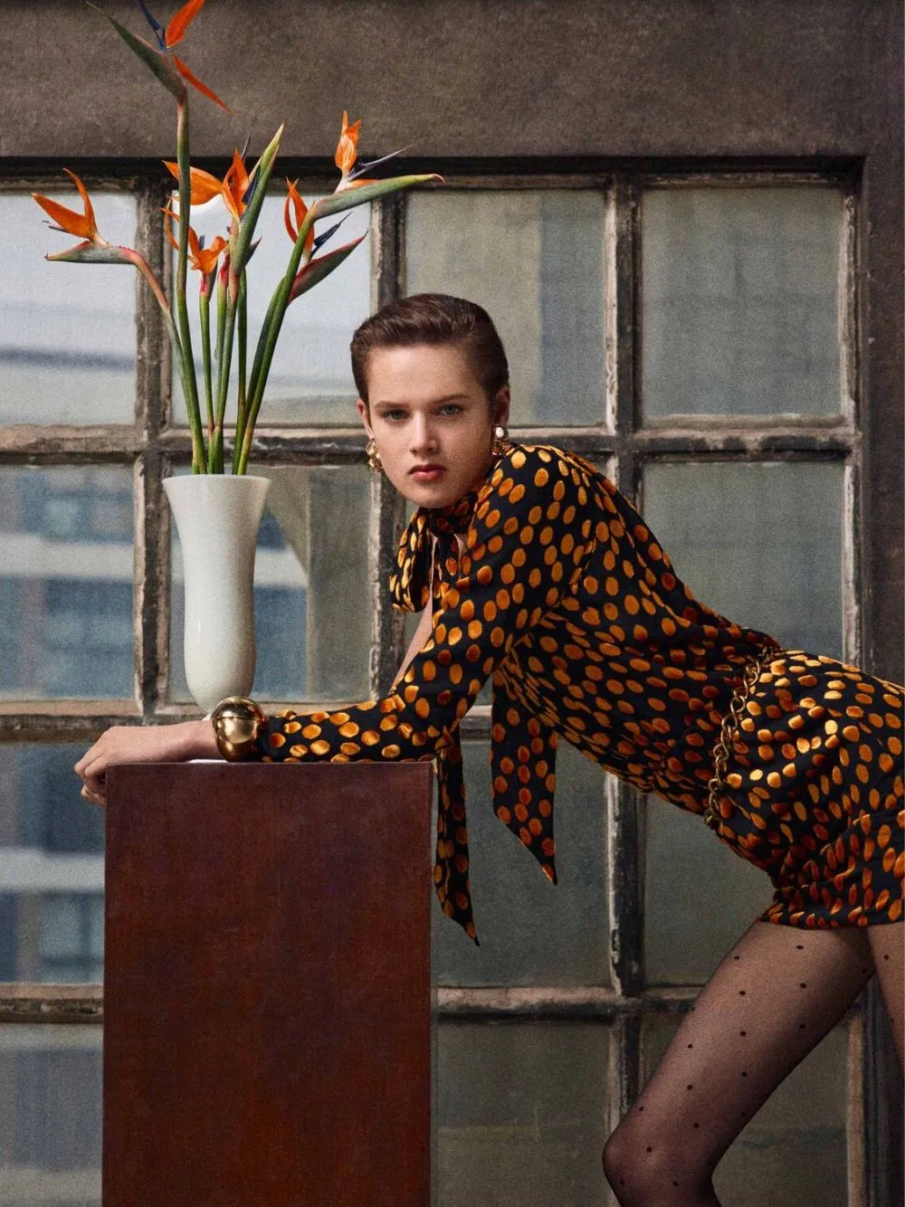 One-Shoulder Dress in Noir Orange Velvet Dotted Silk sold by Fashion Clinic product image thumbnail 2