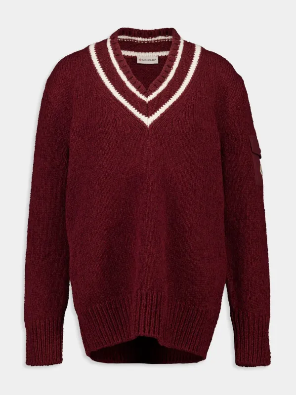 Burgundy Padded V-Neck Cotton and Wool Blend Jumper sold by Fashion Clinic