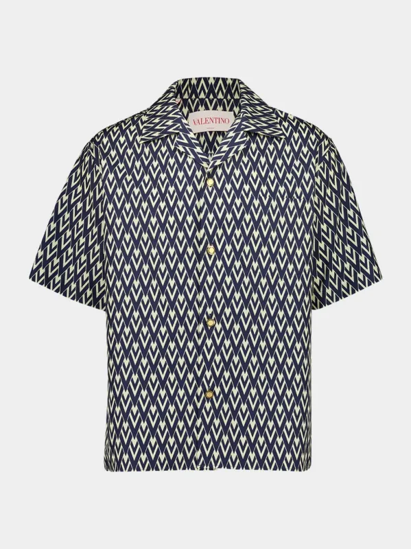 Navy Toute La V Cotton Popeline Bowling Shirt sold by Fashion Clinic