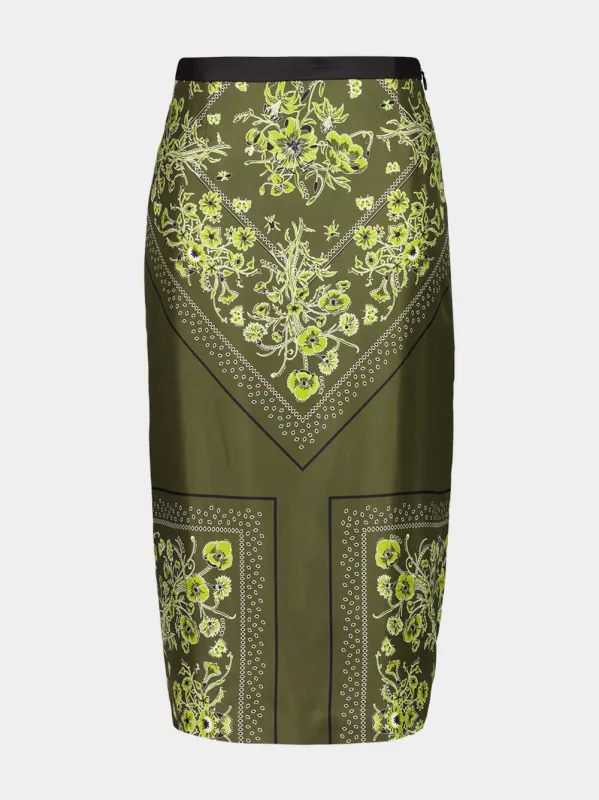 Forest Green Floral Bandana Silk Midi Skirt sold by Fashion Clinic