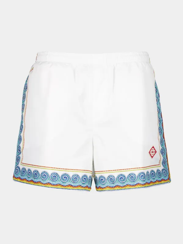 White Printed Beach Club Swim Shorts sold by Fashion Clinic