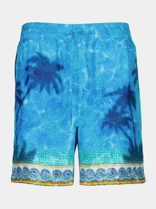 Turquoise Blue Caustics Emblem Silk Shorts sold by Fashion Clinic