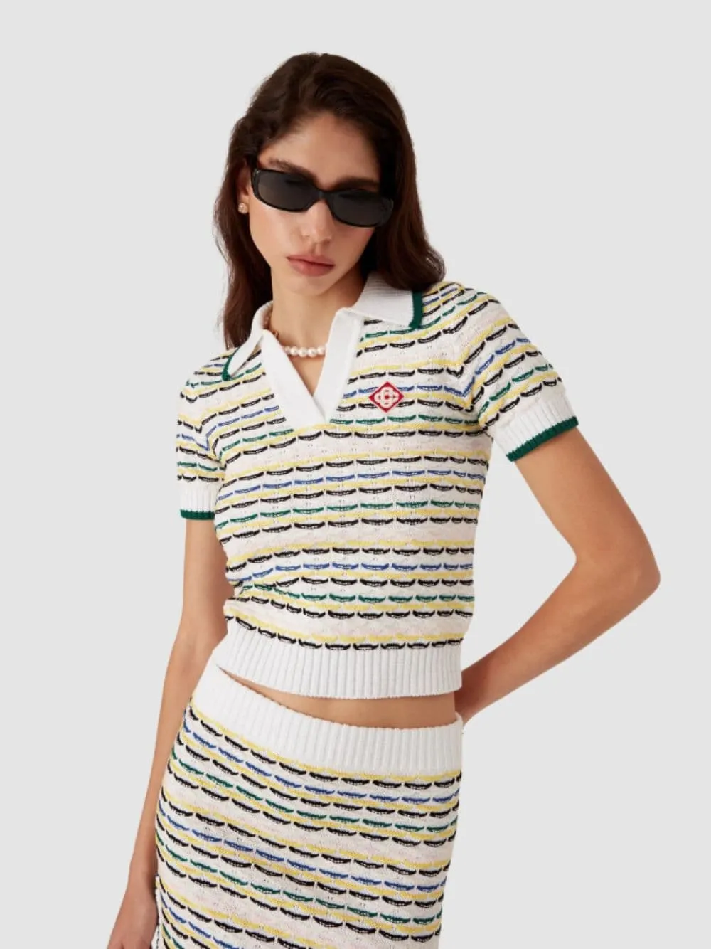 Cotton Tuck Stitch Cropped Polo Shirt in Multicolour sold by Fashion Clinic product image thumbnail 2