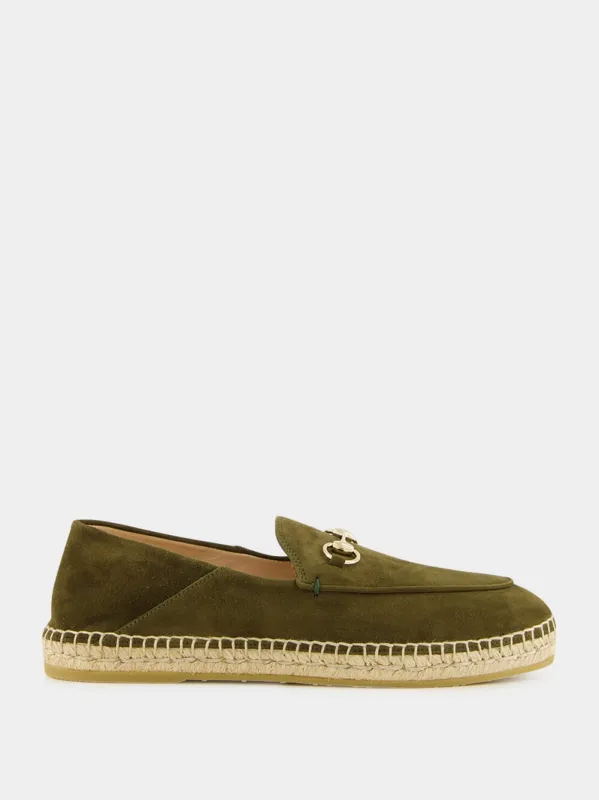 Horsebit Suede Espadrilles in Dark Green sold by Fashion Clinic