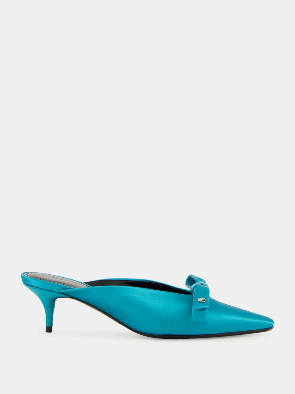 Nano Bow Heeled Mules in Blue Satin sold by Fashion Clinic
