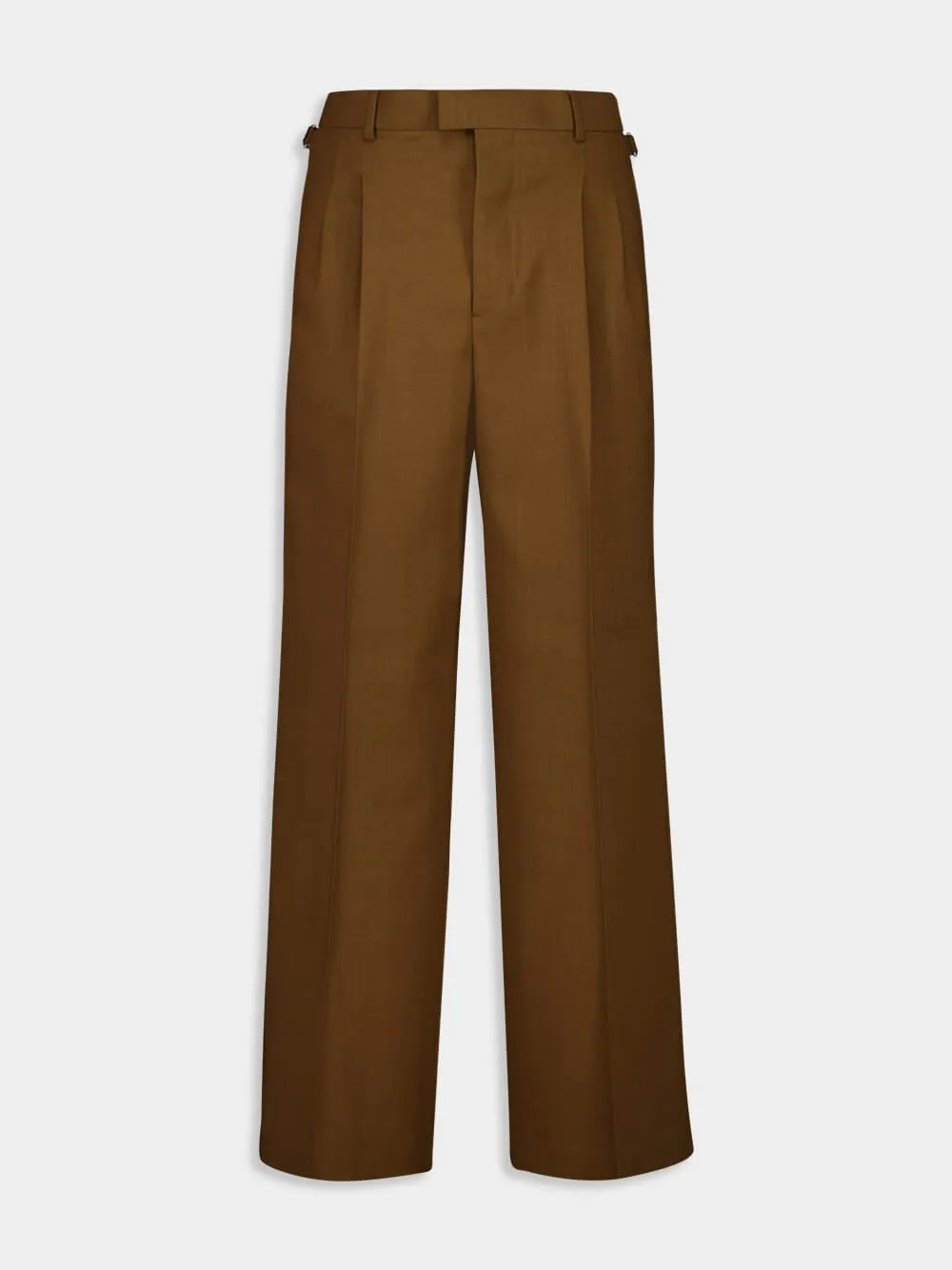 Hazelnut Brown Wool Tabs Wide Trousers sold by Fashion Clinic