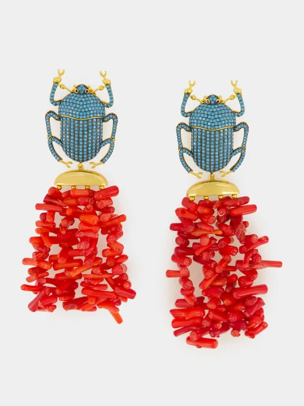 Gold-Plated Pharaoh Earrings in Corsica Coral and Turquoise sold by Fashion Clinic