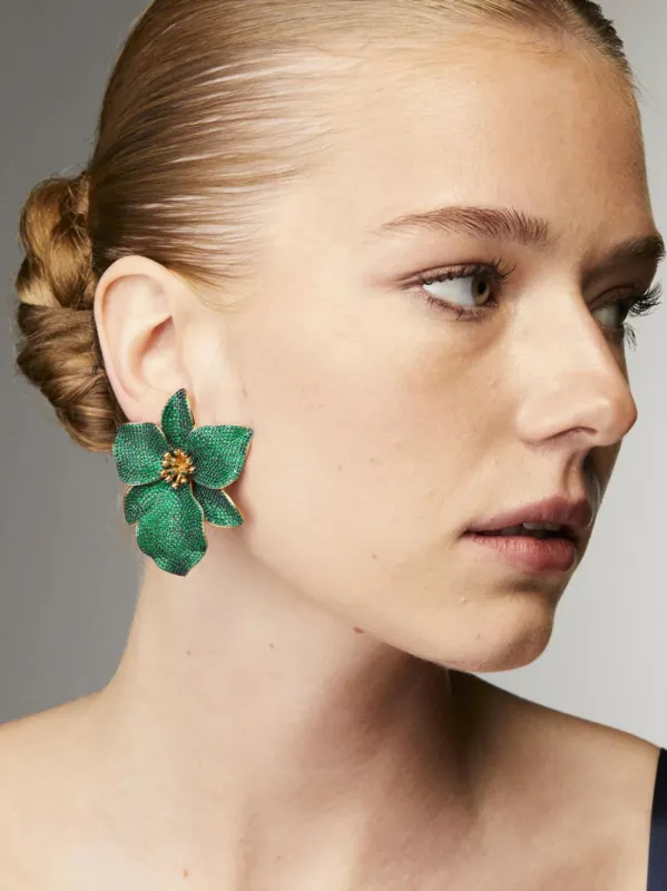 Gold-Plated Singapore Orchids Earrings in Green sold by Fashion Clinic