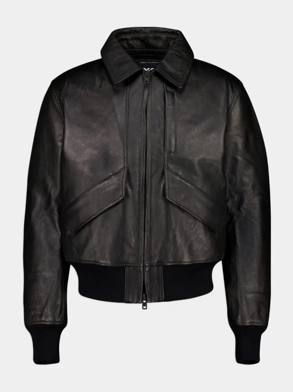 Black Leather Bomber Jacket sold by Fashion Clinic