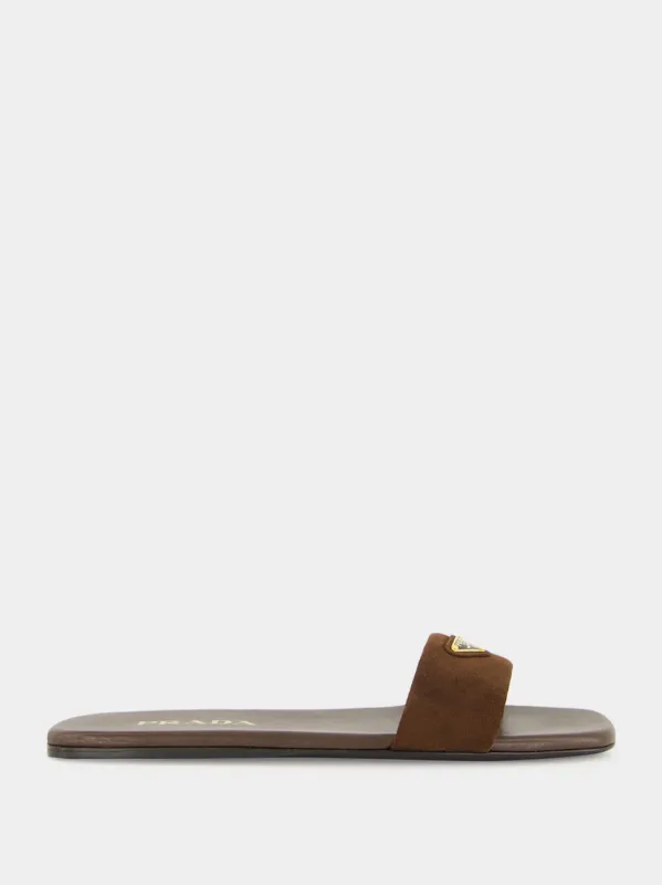 Brown Suede Logo Slides sold by Fashion Clinic