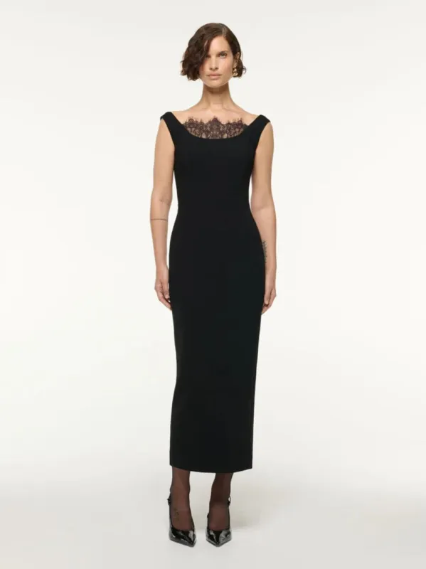 Black Wool Crepe Cocktail Dress with Lace Insert sold by Fashion Clinic