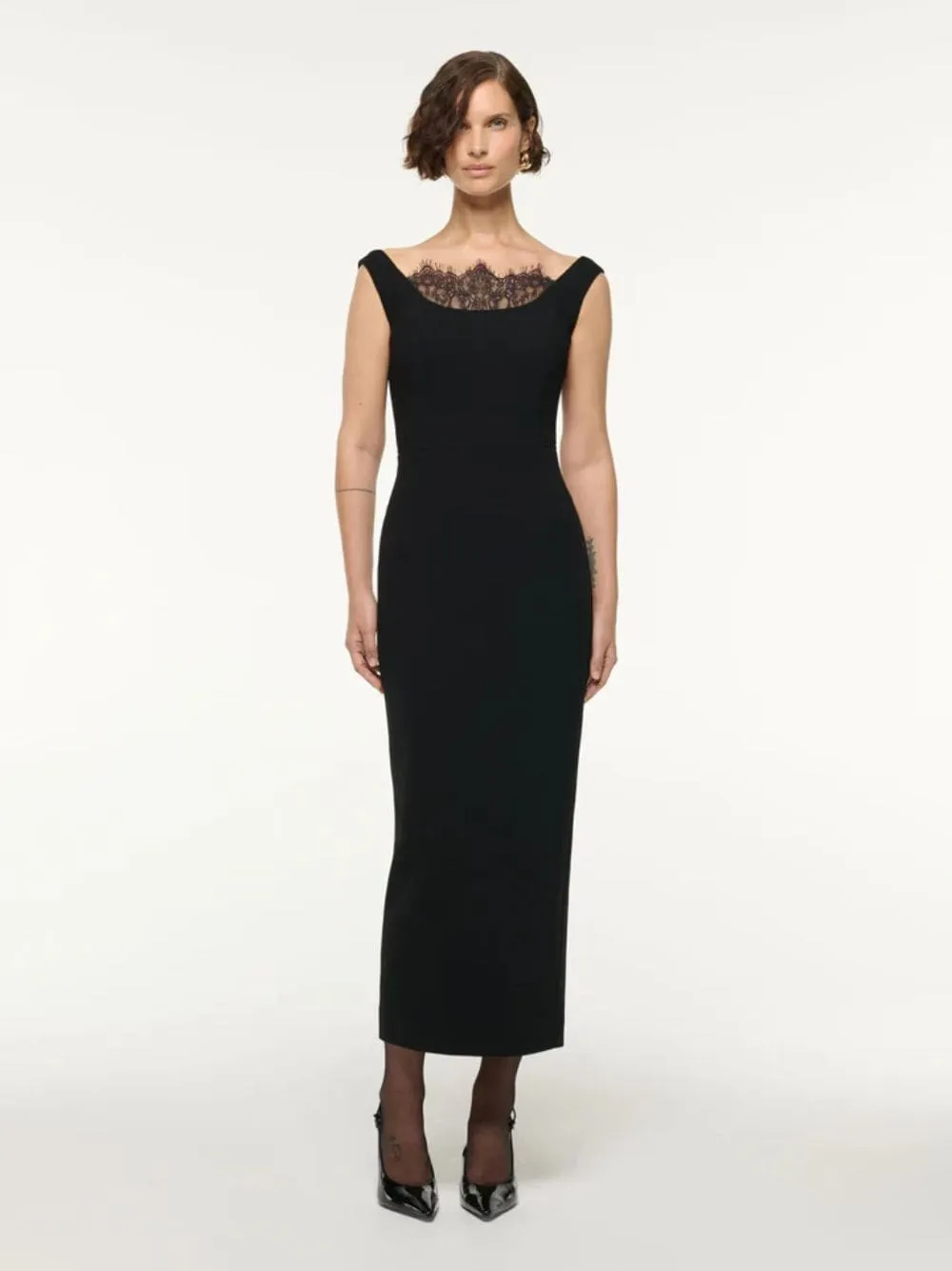 Black Wool Crepe Cocktail Dress with Lace Insert sold by Fashion Clinic