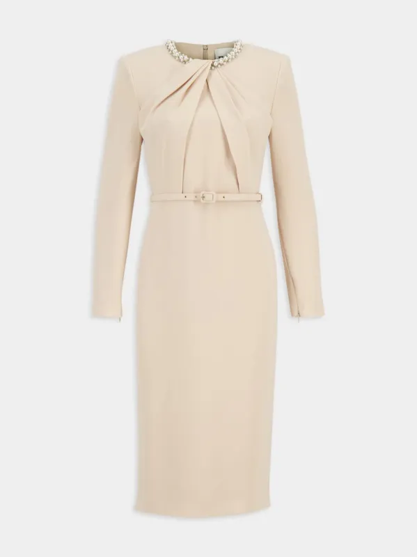 Dark Cream Twisted Drape Pearl-Trim Dress sold by Fashion Clinic