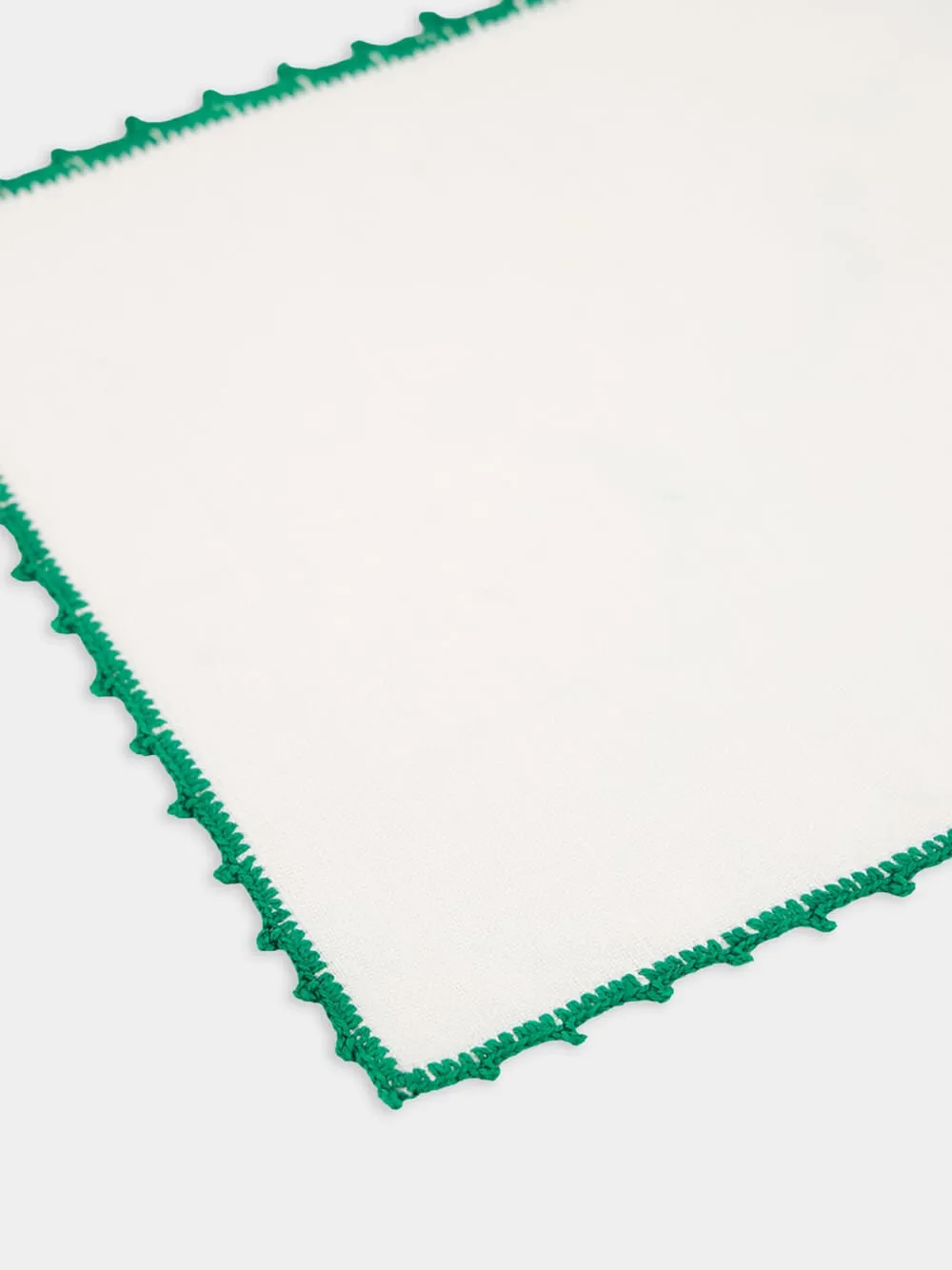 Hand-Embroidered Teresa White Linen with Green Crochet Cocktail Napkin sold by Fashion Clinic product image thumbnail 4