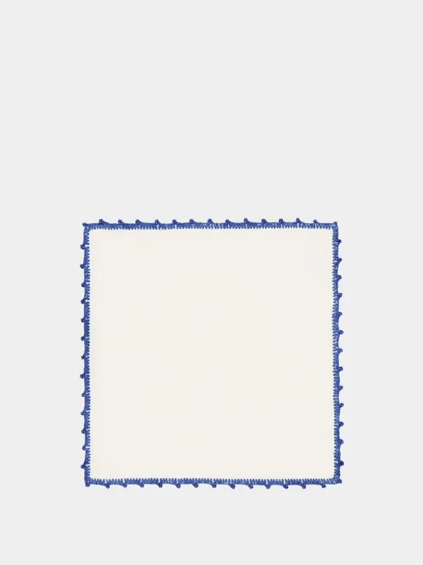 Hand-Embroidered Teresa White Linen with Blue Crochet Cocktail Napkin sold by Fashion Clinic