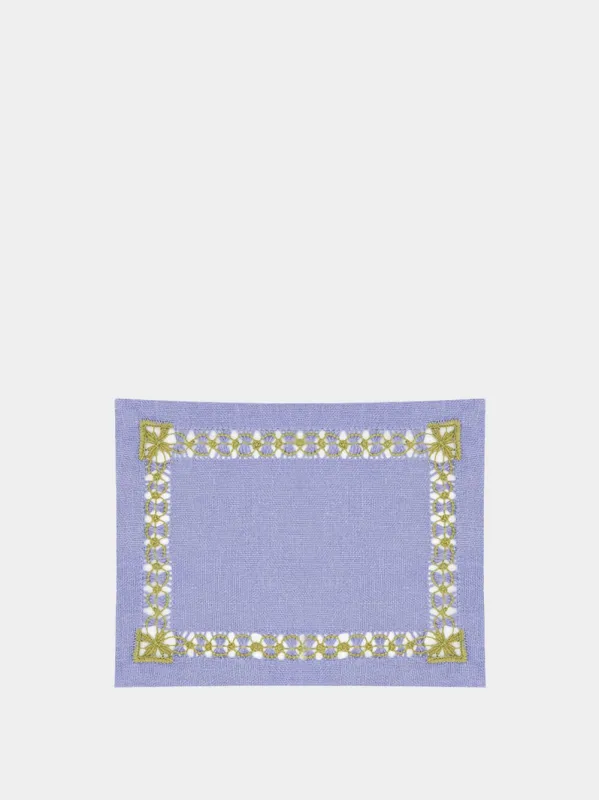 Hand-Embroidered Maria Blue Linen with Green Embroidery Cocktail Napkin sold by Fashion Clinic