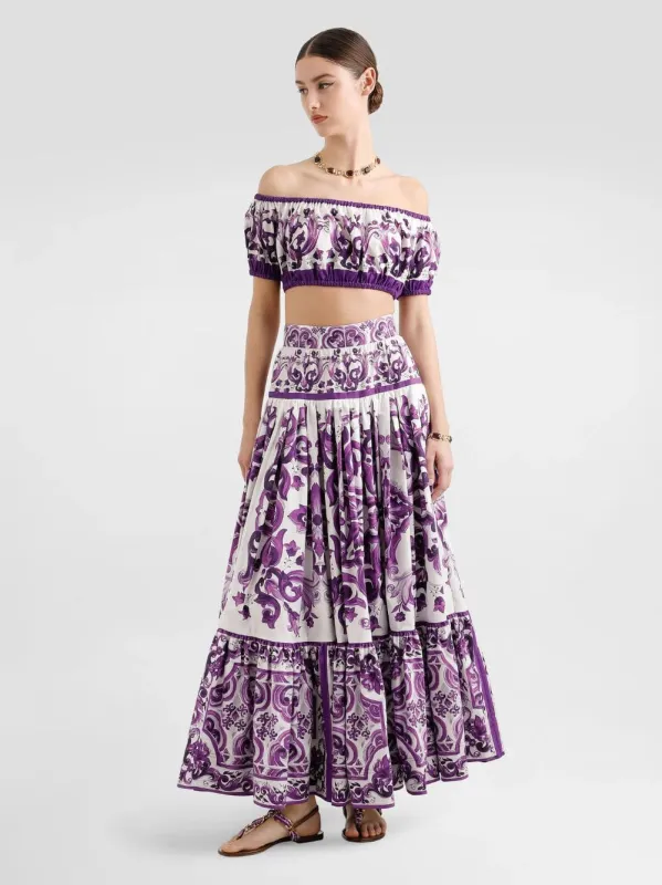 Majolica-Print Flounced Long Skirt sold by Fashion Clinic