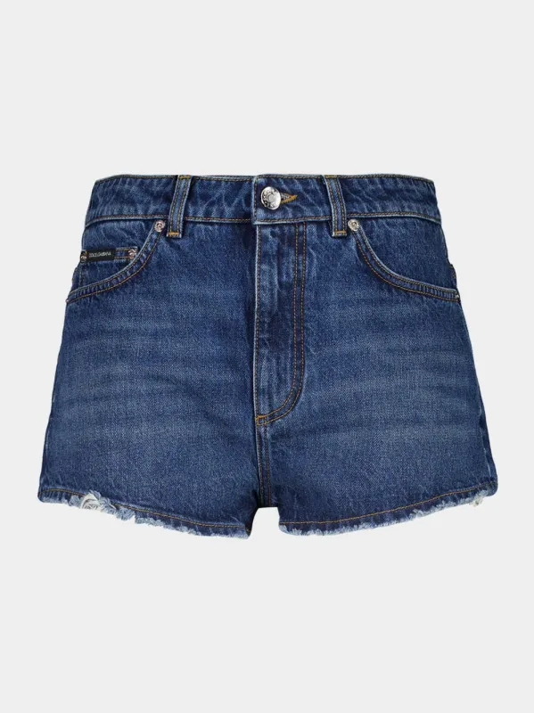 Dark Blue Denim Shorts with Distressed Hem sold by Fashion Clinic