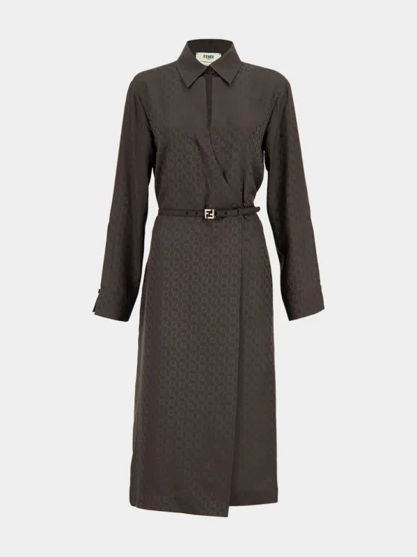 Brown FF Jacquard Silk Midi Shirt Dress sold by Fashion Clinic